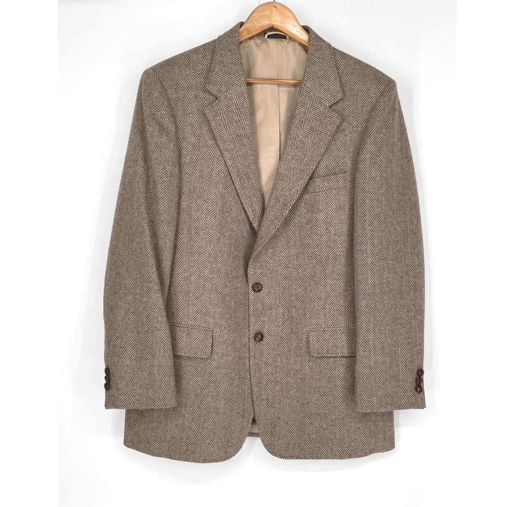 VTG Austin‎ Manor Mens Blazer 42R Sport Coat Brown Herringbone USA Tailored